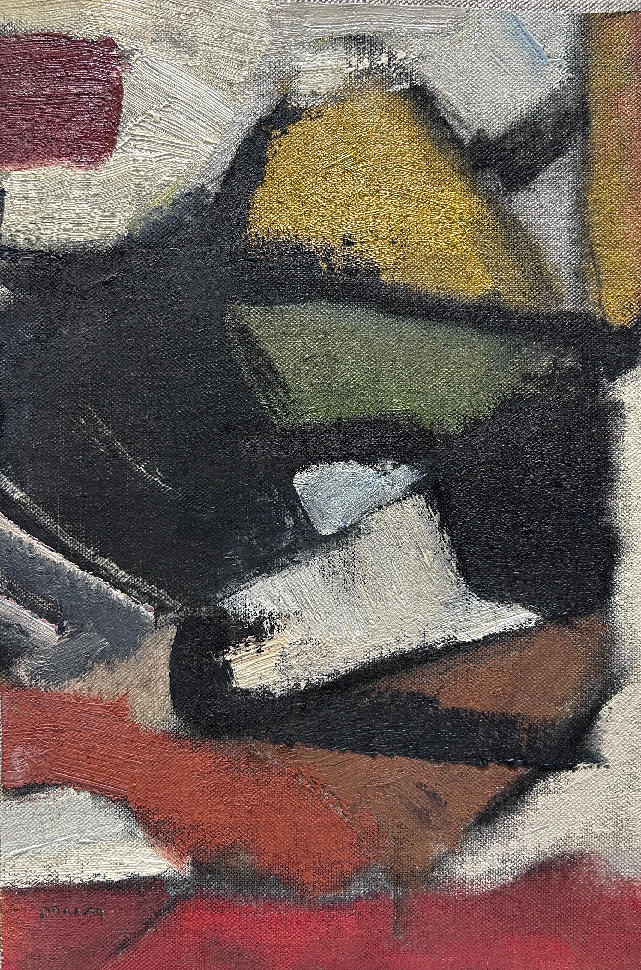 Peinture abstraite de Jean-Philippe Braam évoquant un rivage, masses sombres, jaune ocre et bande rouge-orangé.