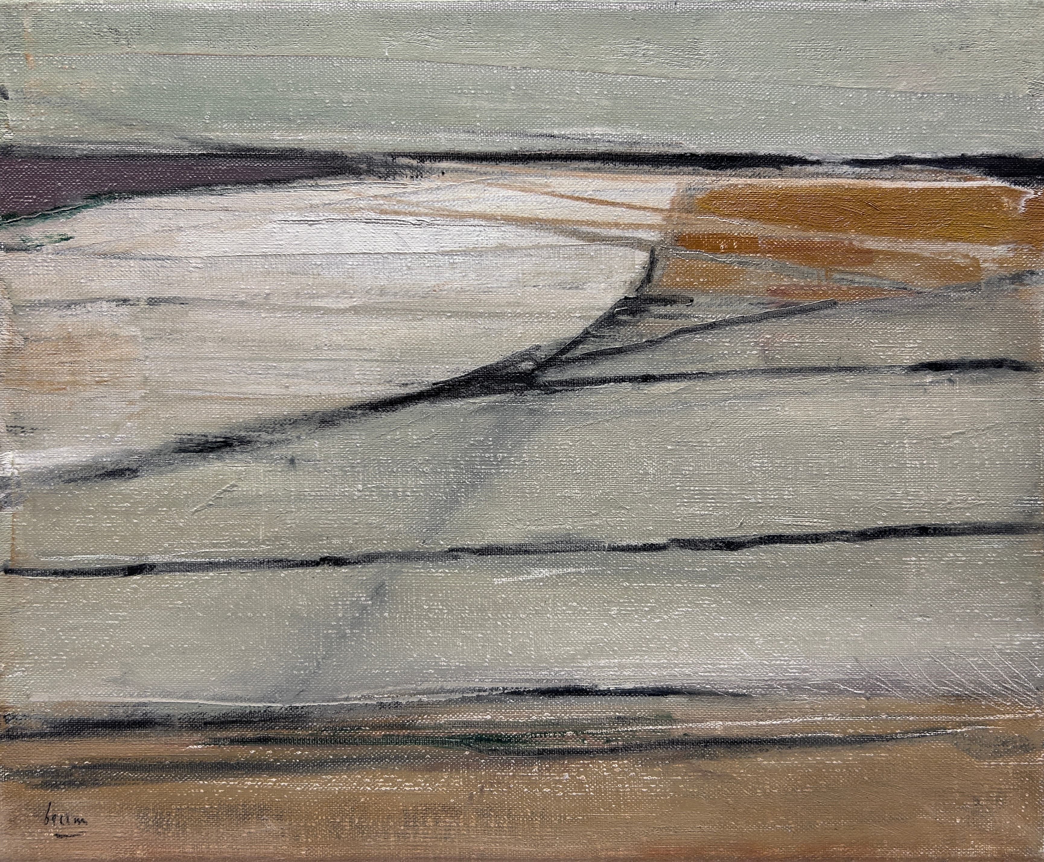 Peinture abstraite de Jean-Philippe Braam aux tons gris-vert et beige, ligne sombre suggérant un chemin.