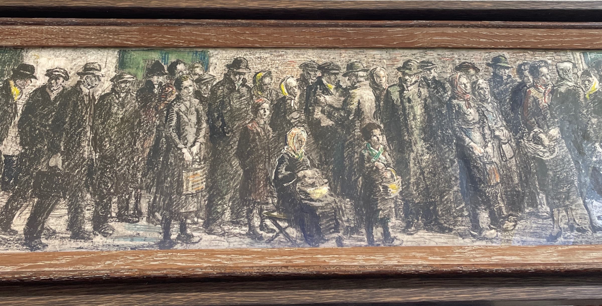 File d’attente pendant la guerre 1914-1918, dessin au fusain et crayons de couleur, Gouyns ?.