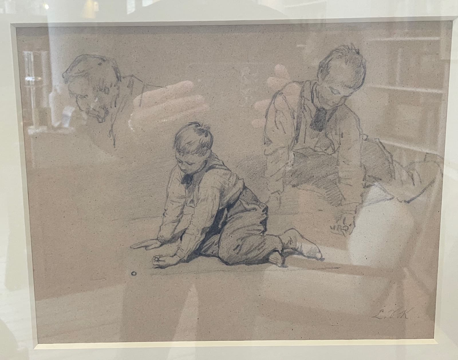 Trois enfants jouant aux billes, dessin au crayon, Vdk.